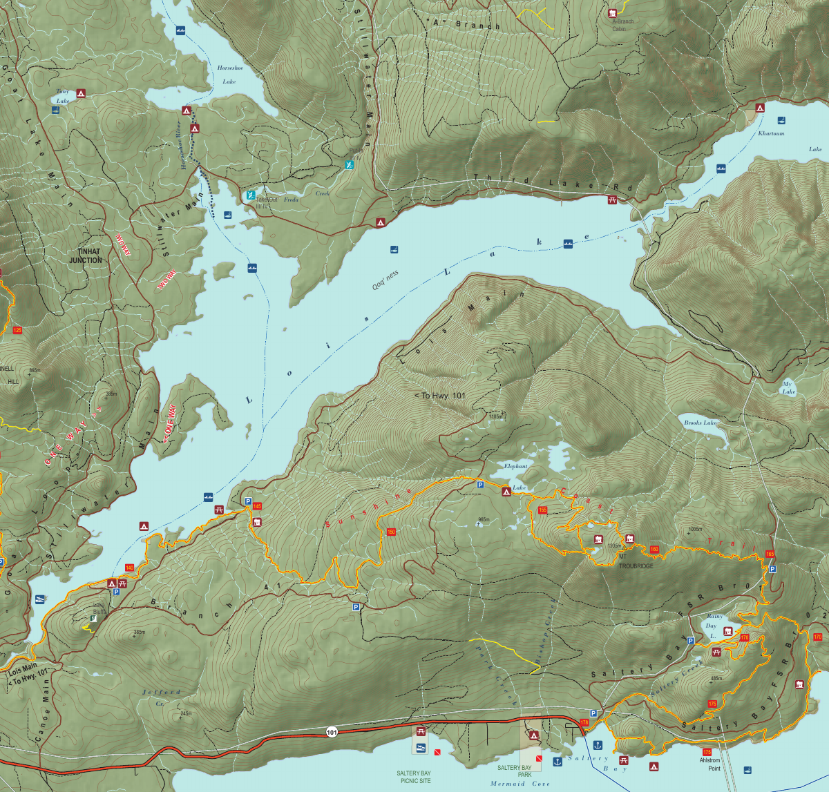 Troubridge, Rainy Day Lake, Saltery Bay & Fairview Bay trail map